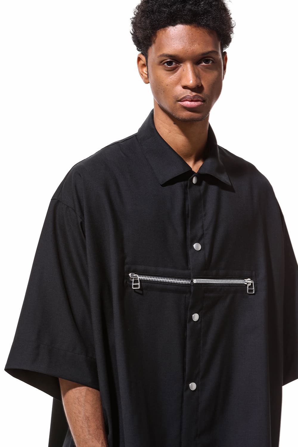 サマーウールハーフスリーブシャツ / Summer Wool Front Zip Harf Sleeve Shirts / ブラック / ag-9060-2