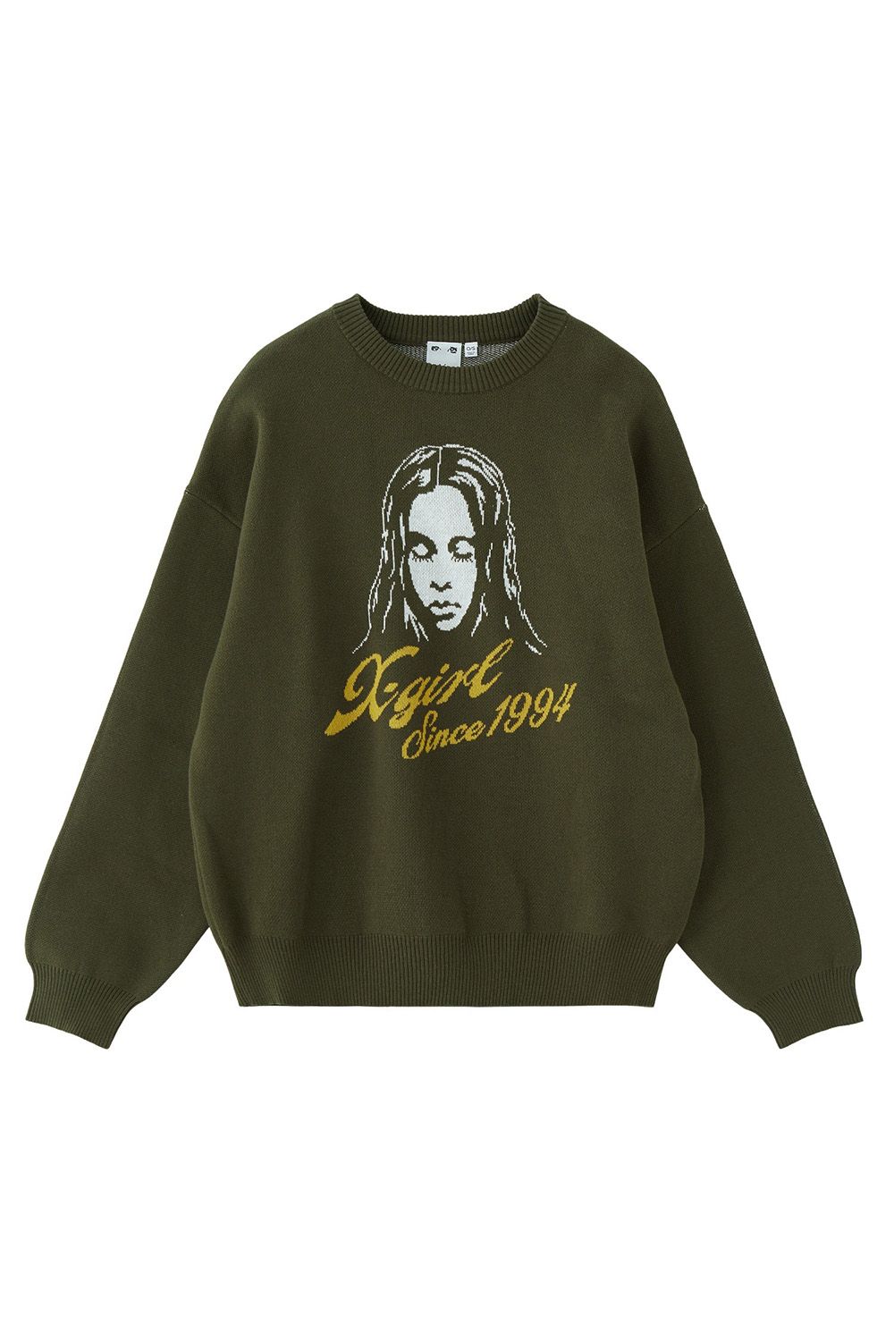 ［ラスト1点］CURSIVE LOGO AND FACE JACQUARD KNIT TOP / オリーブ