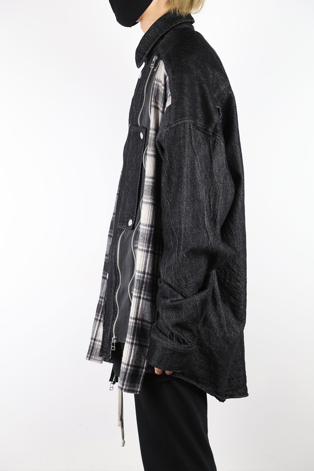 フロントジップアシンメトリーチェックコンビコクーンシャツ / FRONT ZIP ASYMMETRY CHECK COMBI COCOON  SHIRTS / ブラックチェック