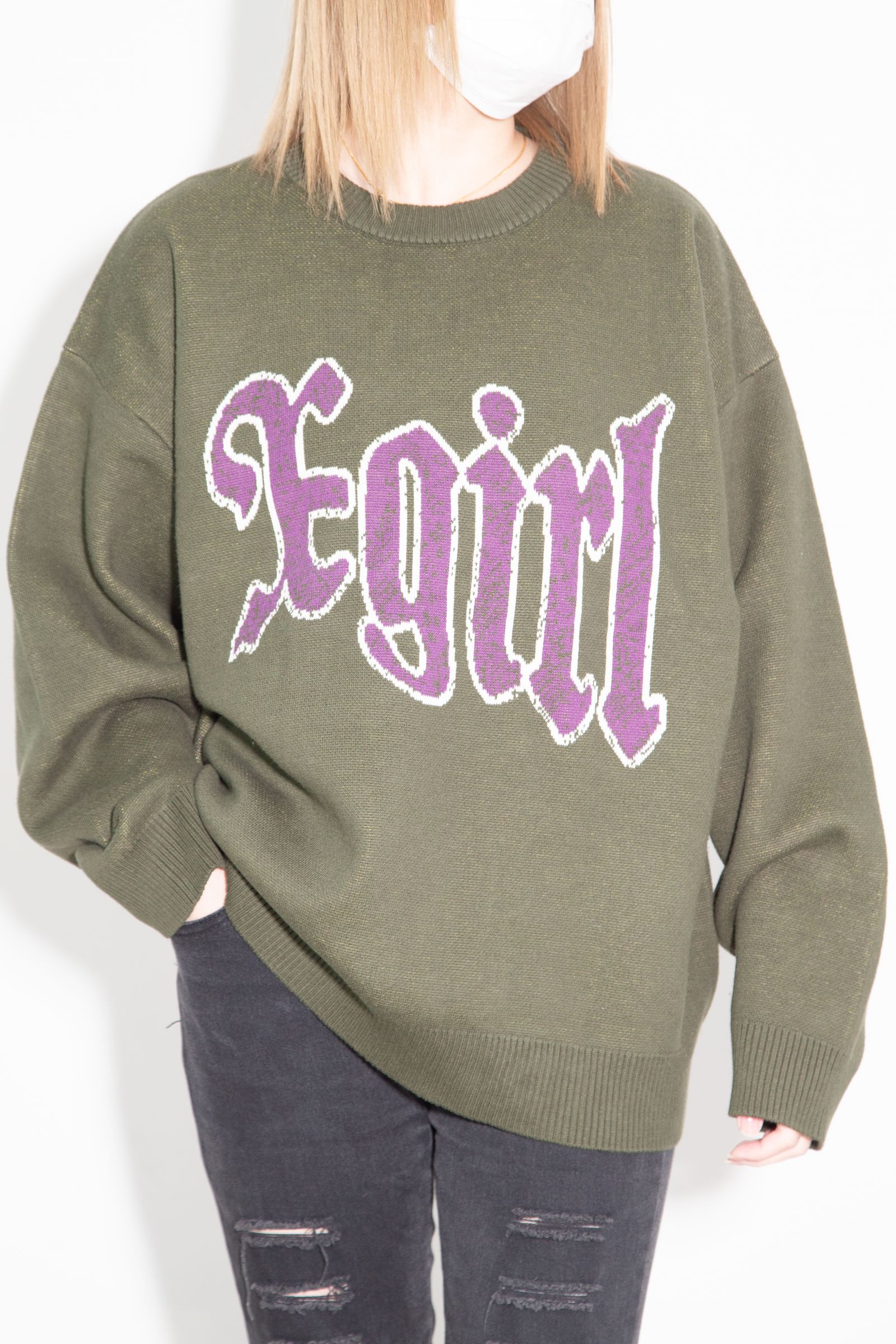 ［ラスト1点］SCRATCHED LOGO JACQUARD KNIT TOP / オリーブ