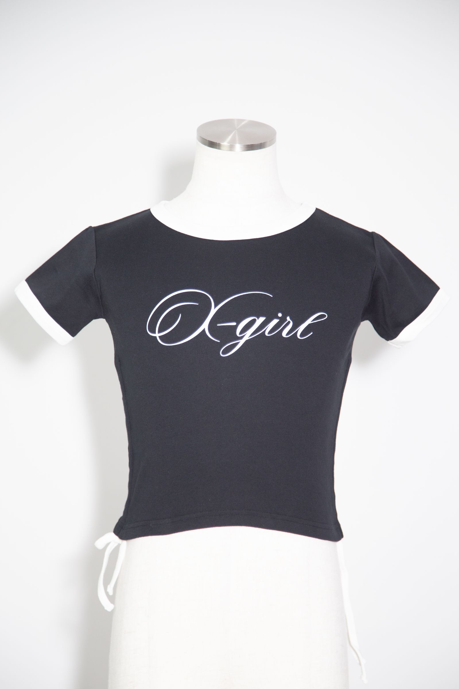 SCRIPT LOGO DRAWSTRING RINGER BABY TEE / ブラック