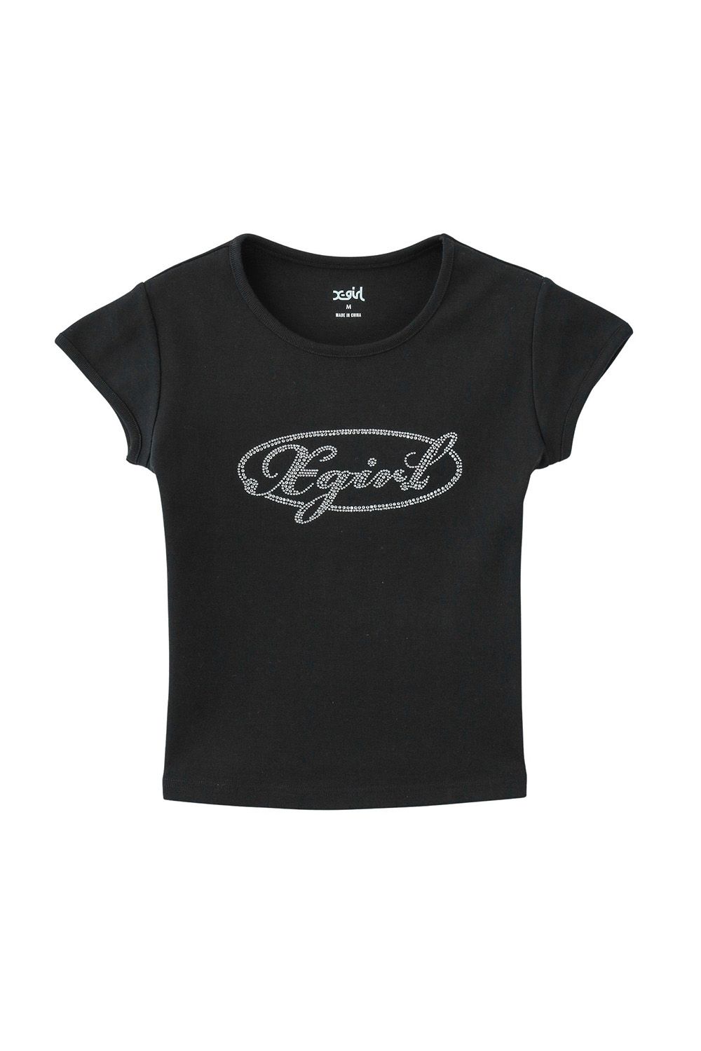 RHINESTONE OVAL CURSIVE LOGO S/S BABY TEE / ブラック