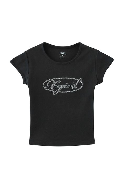 RHINESTONE OVAL CURSIVE LOGO S/S BABY TEE / ブラック