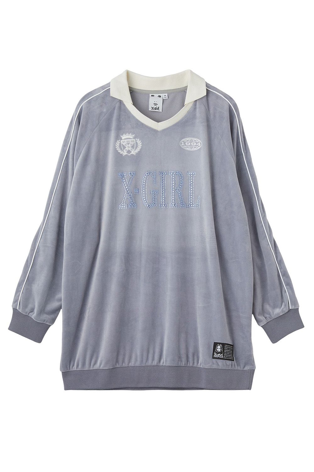 RHINESTONE LOGO VELOUR GAME SHIRT DRESS / グレー