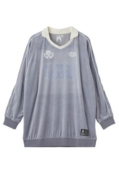 RHINESTONE LOGO VELOUR GAME SHIRT DRESS / グレー