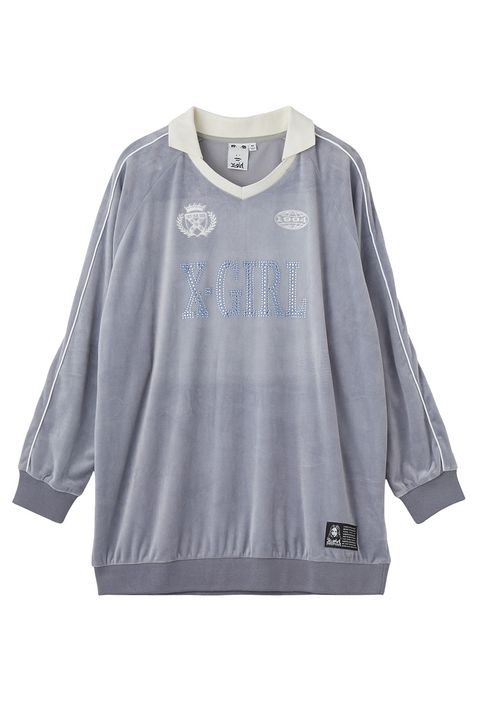RHINESTONE LOGO VELOUR GAME SHIRT DRESS / グレー