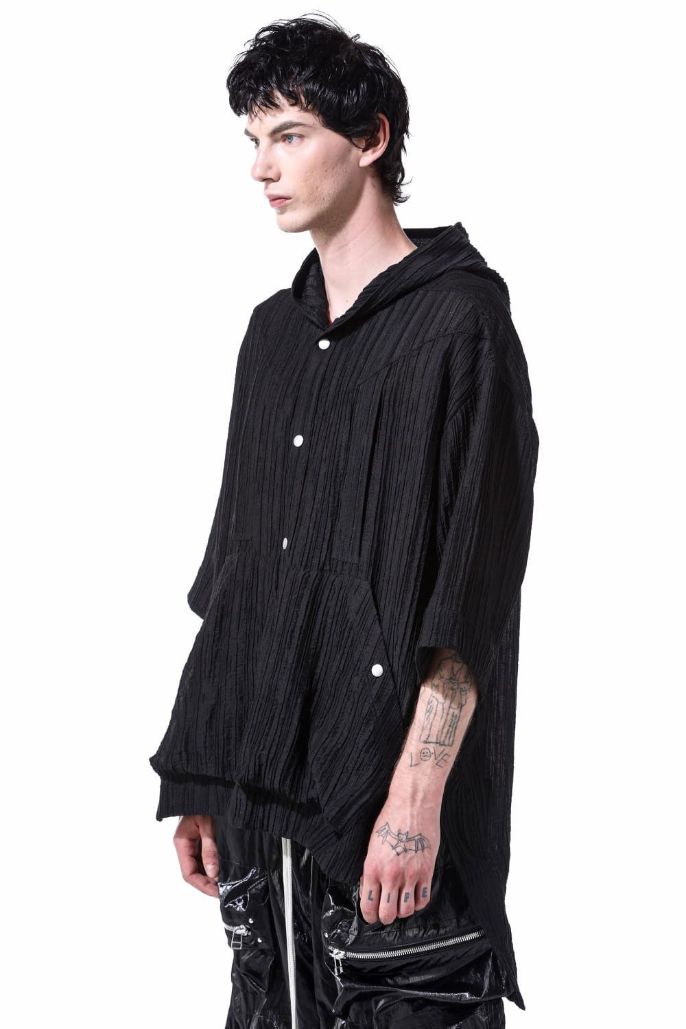 シアー楊柳シャツフーディー / Sheer Yo-Ryu Hoodie Shirts / ブラック / ag-11067
