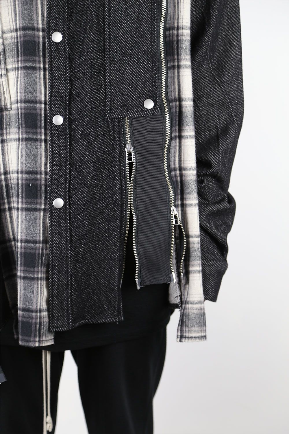 フロントジップアシンメトリーチェックコンビコクーンシャツ / FRONT ZIP ASYMMETRY CHECK COMBI COCOON  SHIRTS / ブラックチェック