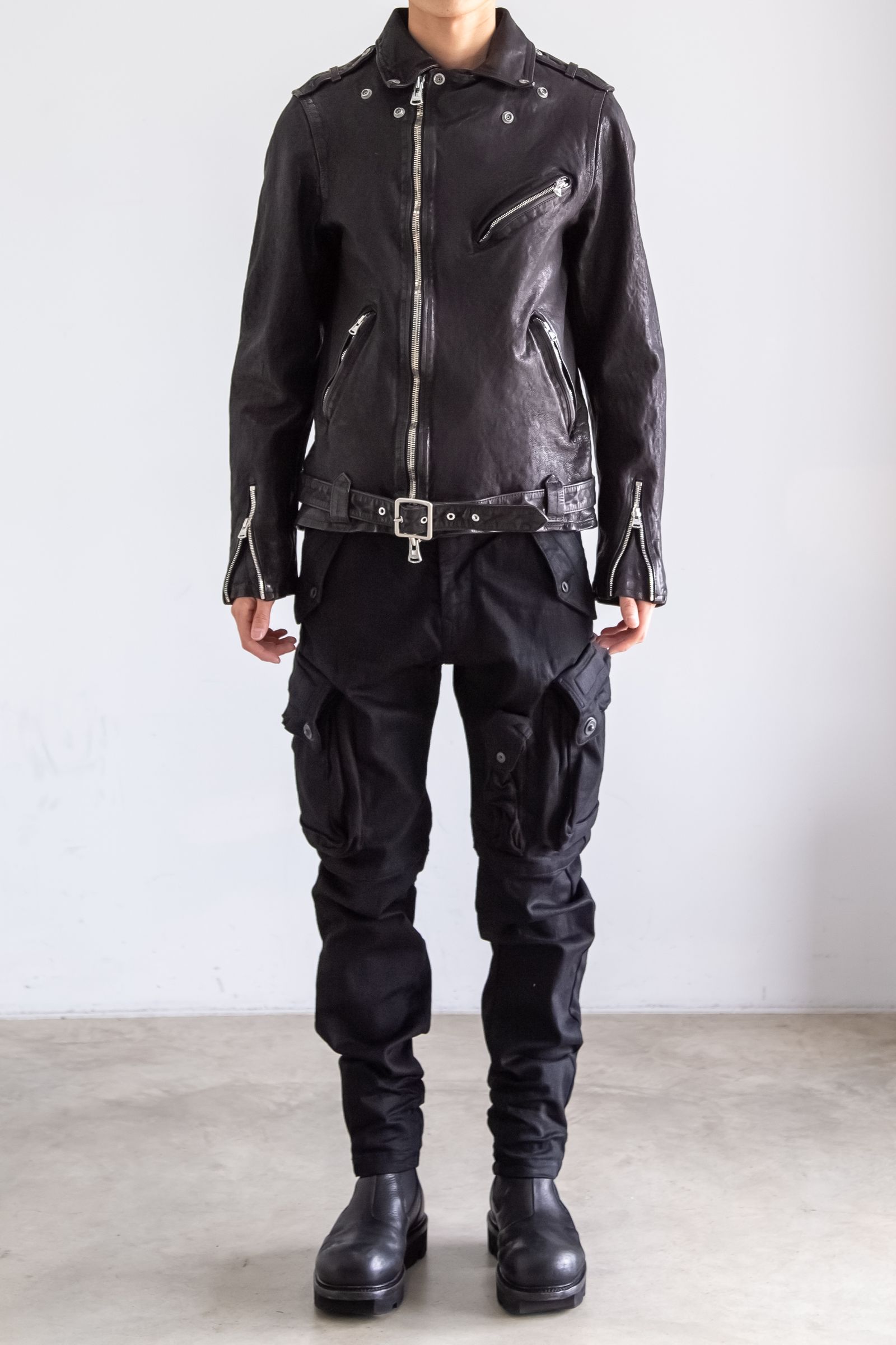 JAPAN CALF NATURAL DYED “GARMENT-WASH” DOUBLE RIDERS / ブラック