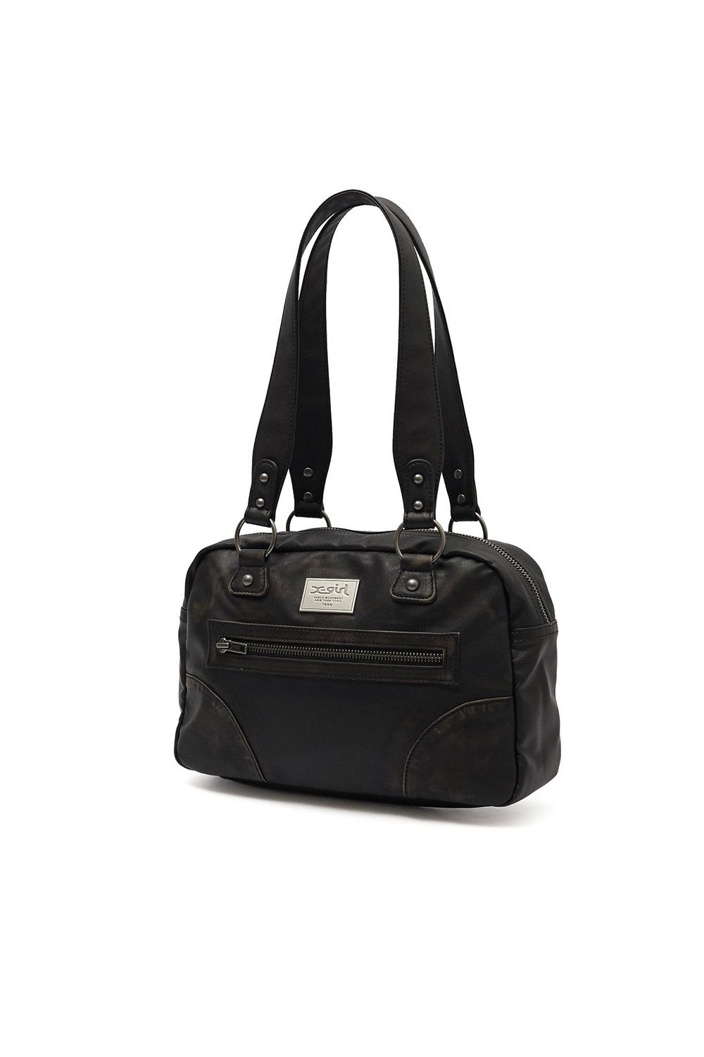 METAL LOGO PLATE FAUX LEATHER HANDBAG / ブラック