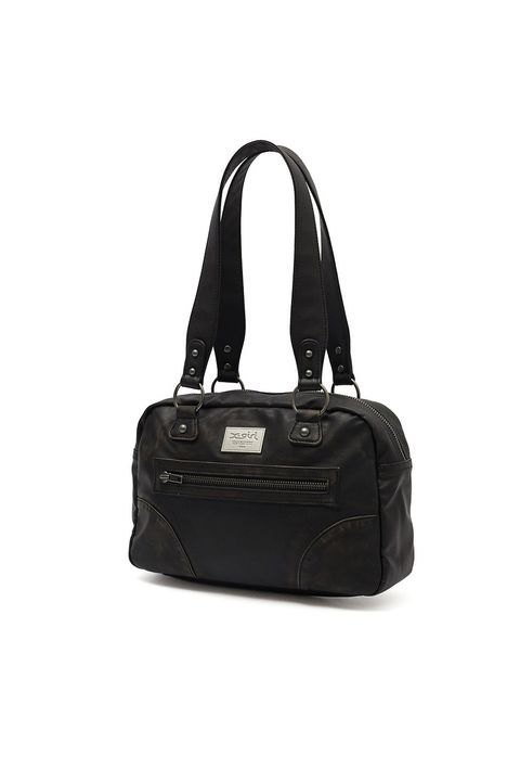 METAL LOGO PLATE FAUX LEATHER HANDBAG / ブラック