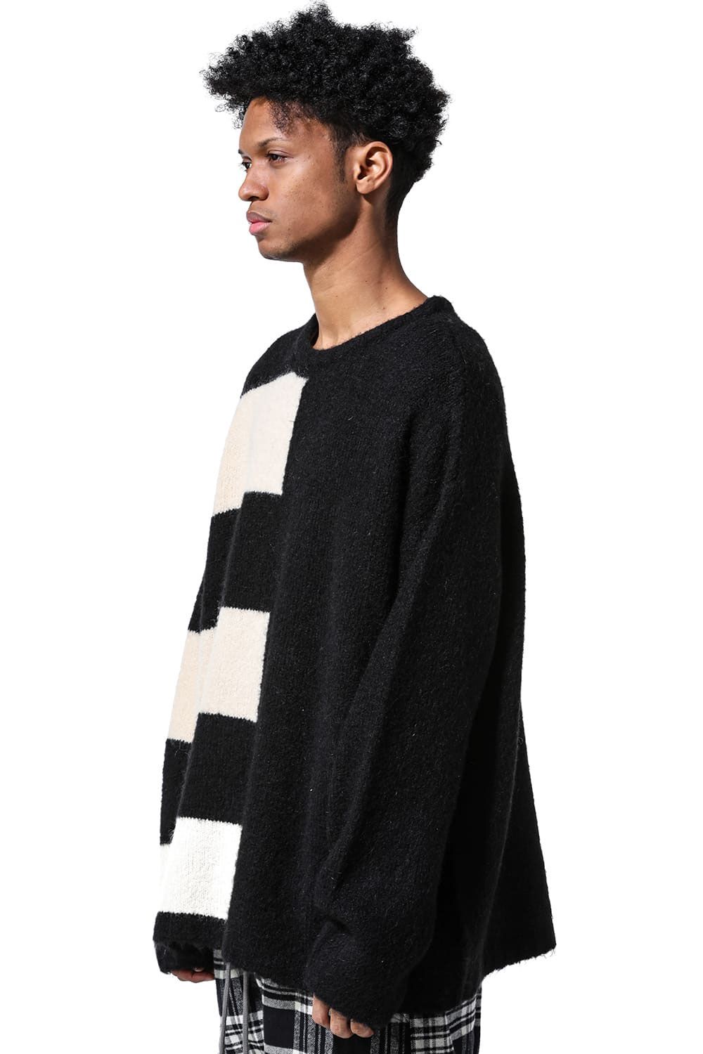 ストライプコンビリラックスフィットニット / Striped Combi Knit Top / ブラック×アイボリー / ag-8004