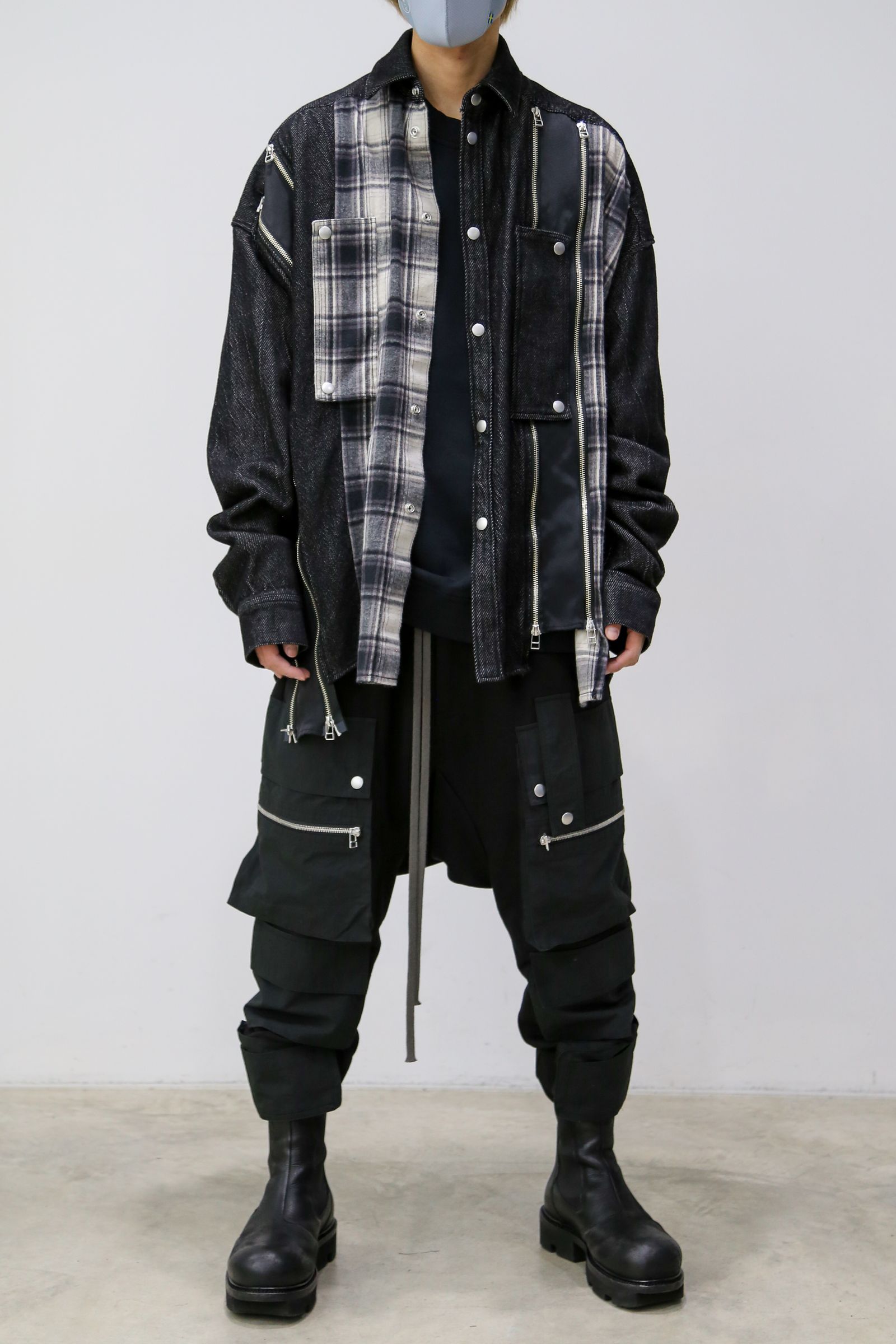 フロントジップアシンメトリーチェックコンビコクーンシャツ / FRONT ZIP ASYMMETRY CHECK COMBI COCOON  SHIRTS / ブラックチェック