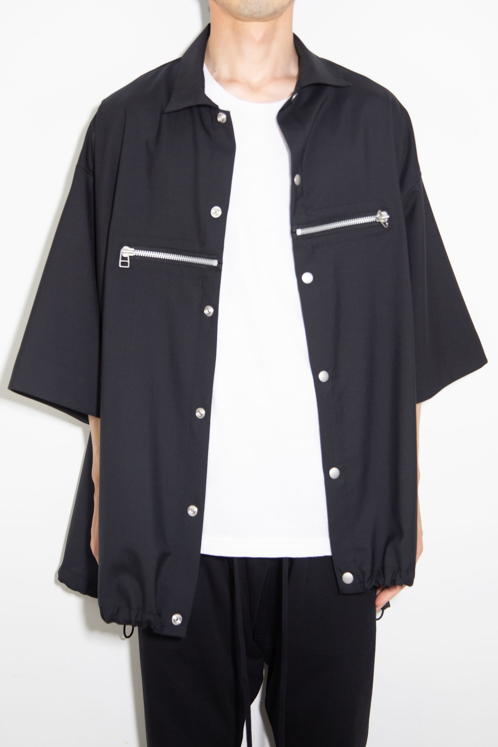 サマーウールハーフスリーブシャツ / Summer Wool Front Zip Harf Sleeve Shirts / ブラック / ag-9060-2