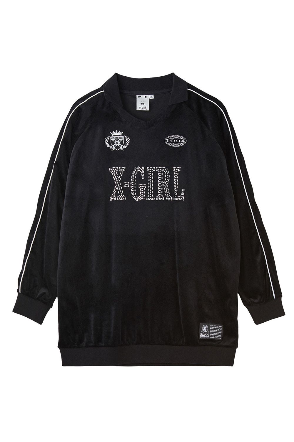 RHINESTONE LOGO VELOUR GAME SHIRT DRESS / ブラック
