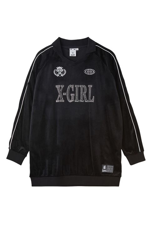 RHINESTONE LOGO VELOUR GAME SHIRT DRESS / ブラック