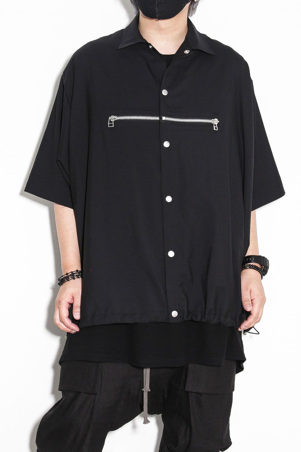 サマーウールハーフスリーブシャツ / Summer Wool Front Zip Harf Sleeve Shirts / ブラック / ag-9060-2