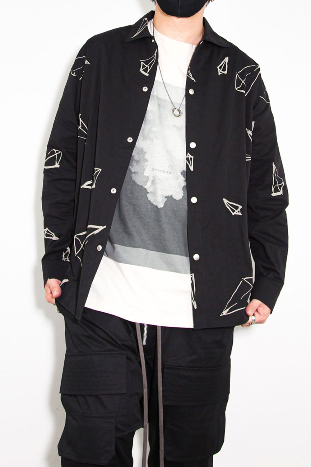 総柄プリントシャツ / Print Long Sleeve Shirts / ブラック / ag-6999
