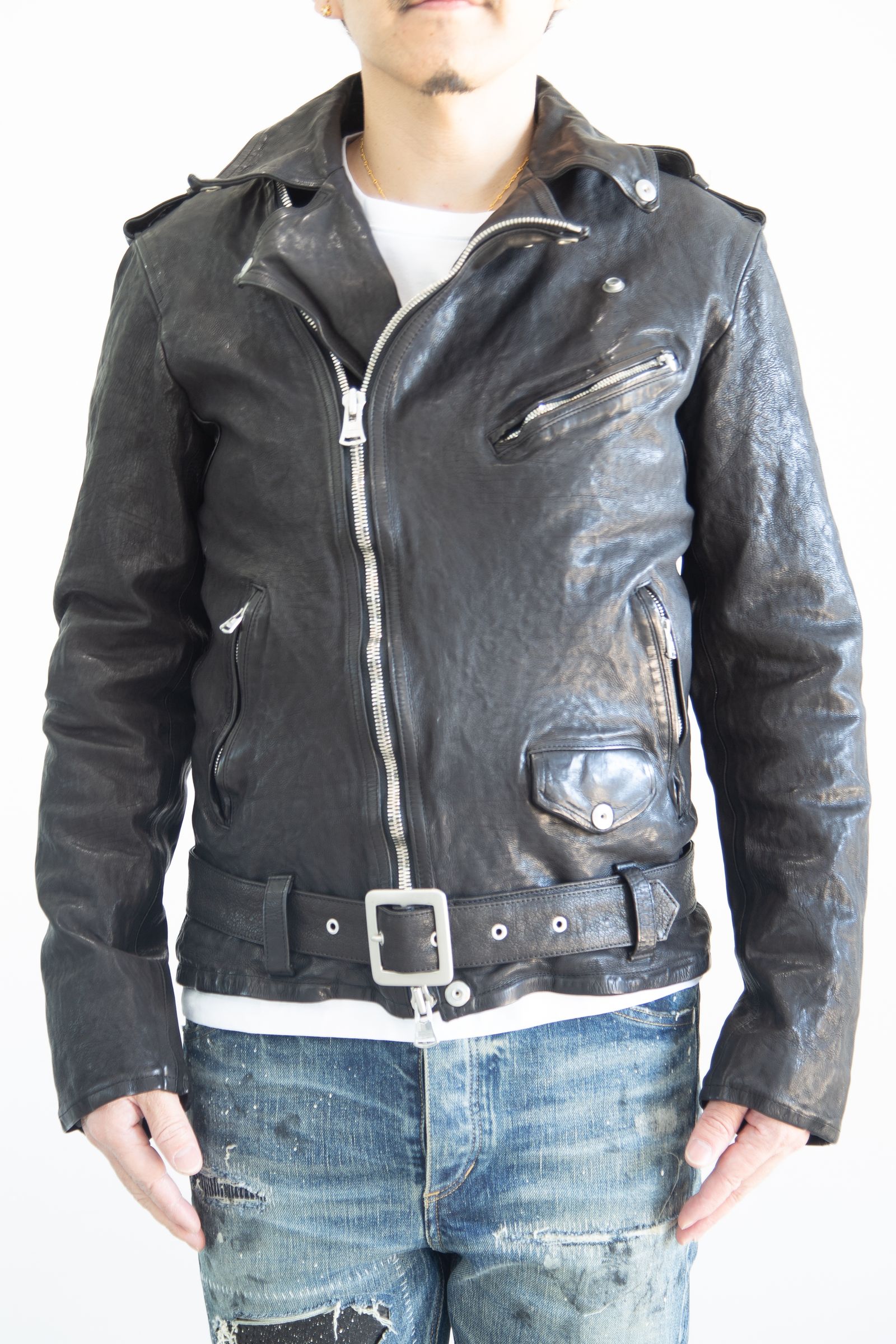 JAPAN CALF NATURAL DYED “GARMENT-WASH” DOUBLE RIDERS / ブラック