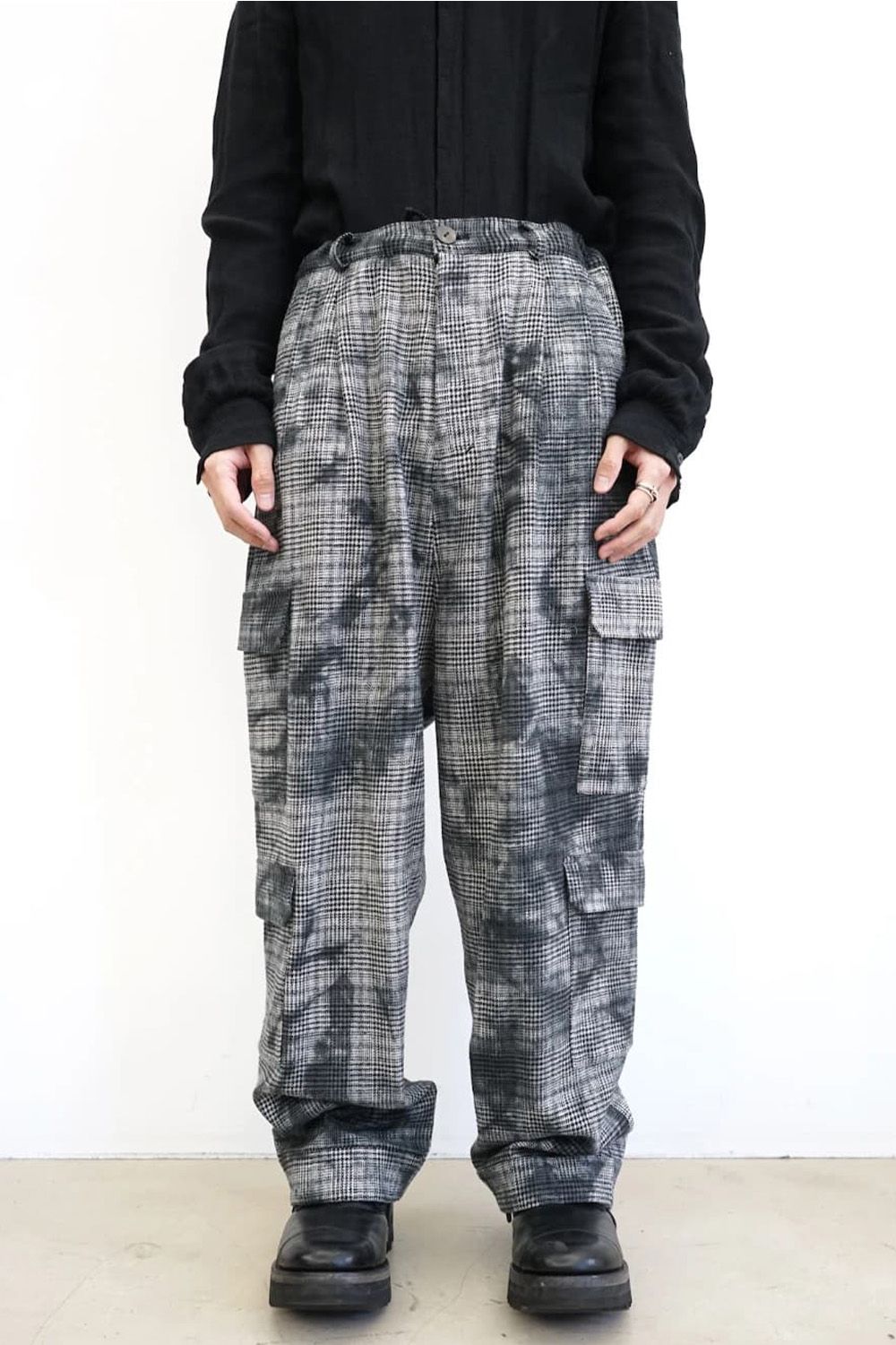 Unevenly Dyed Houndstooth Drop Crotch Pants