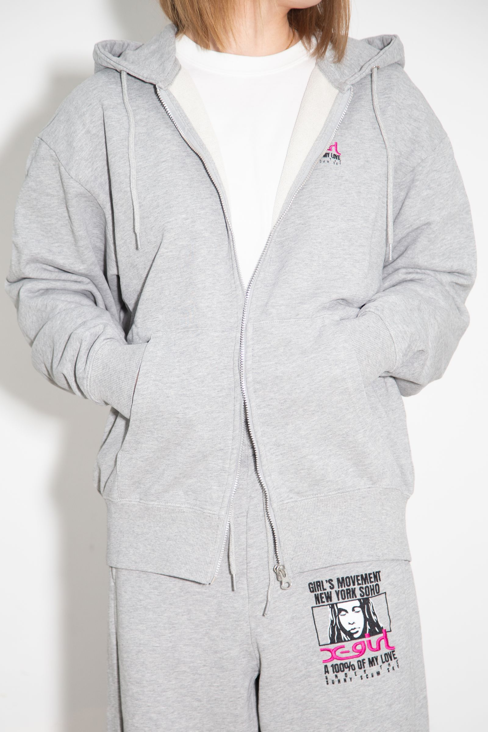 FACE BOX AND MESSAGE ZIP UP SWEAT HOODIE / アッシュ