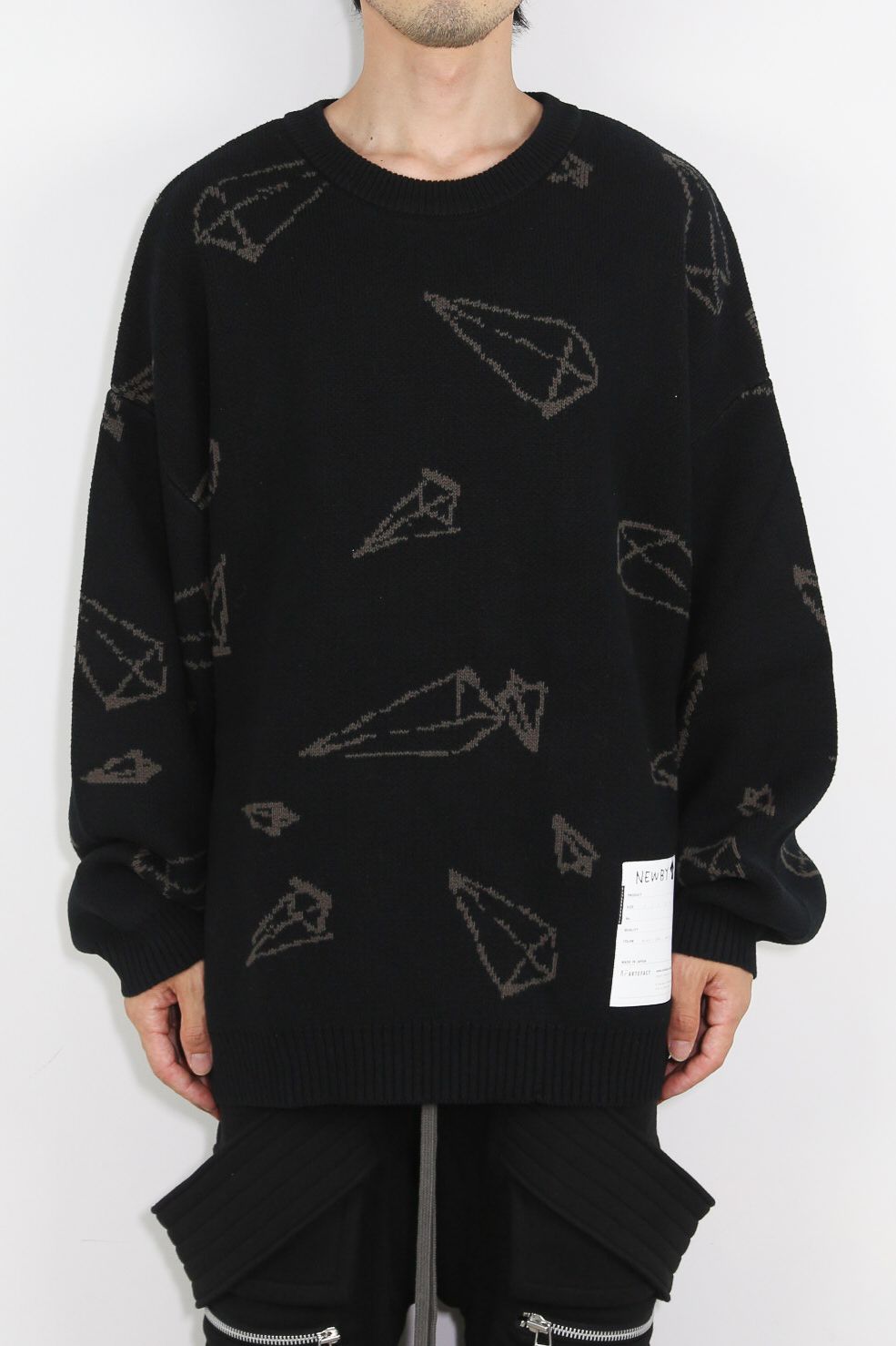[ラスト1点 サイズ2] ピラミッド模様リラックスフィットニット / Pyra Pattern Knit Top / ブラック×ブラウン / ag-8009-1