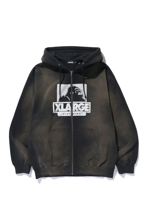 DISCHARGE PRINTED OG ZIP HOODED SWEATSHIRT / ブラック