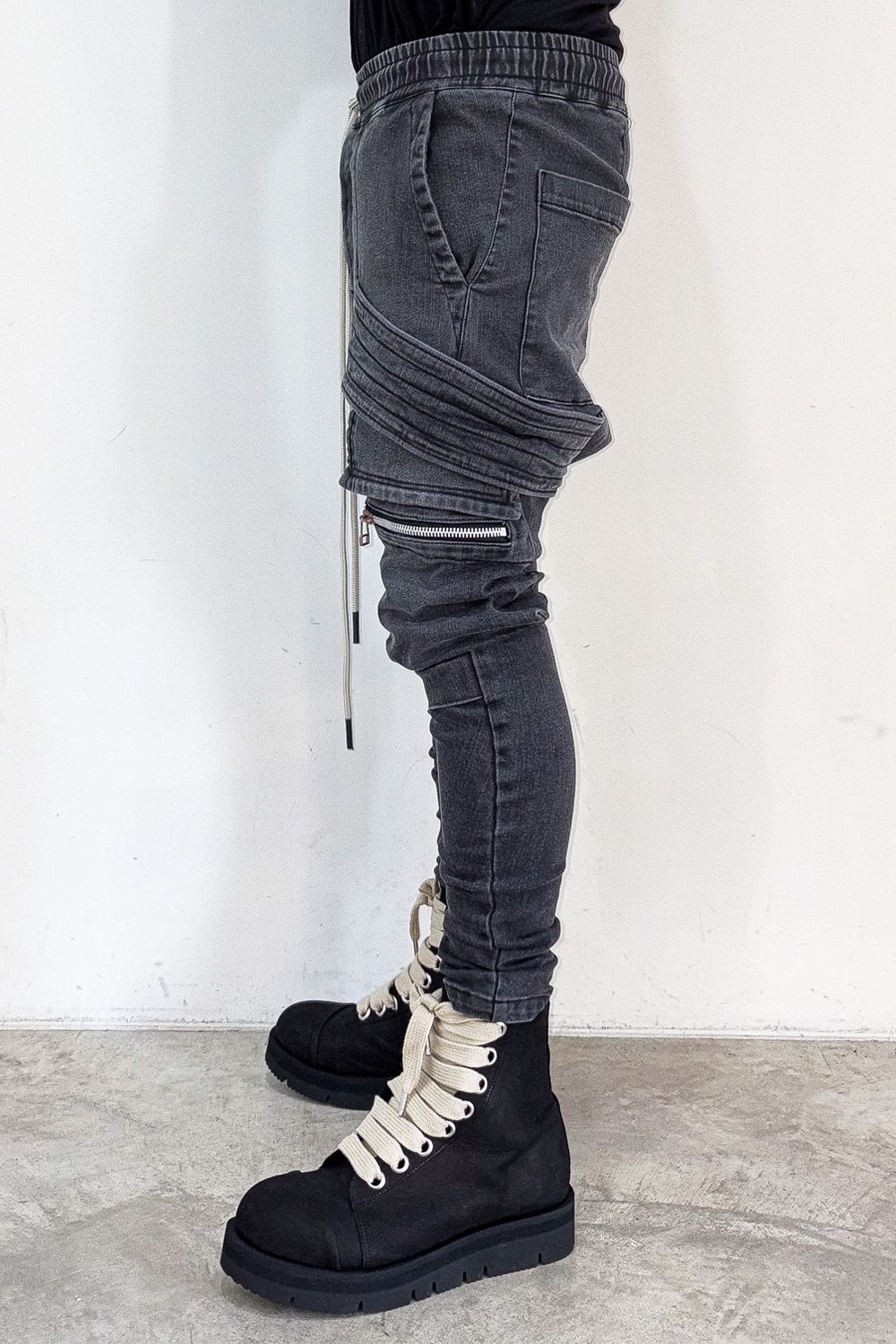 サルエルカーゴスキニーデニム / Indigo Denim Cargo Sarouel Skinny / ダメージブラック / ag-6036-2