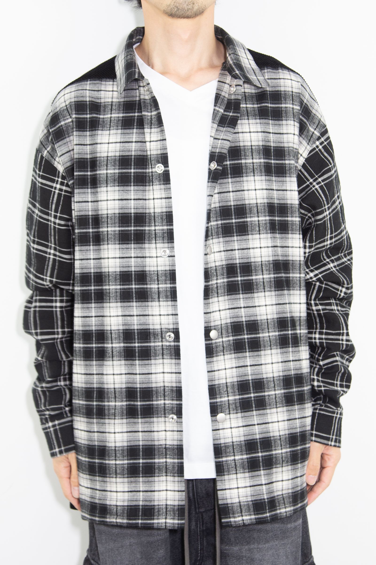 コーデュロイチェックコンビシャツ / Corduroy × Check Combi Shirts / ブラック / ag-8075