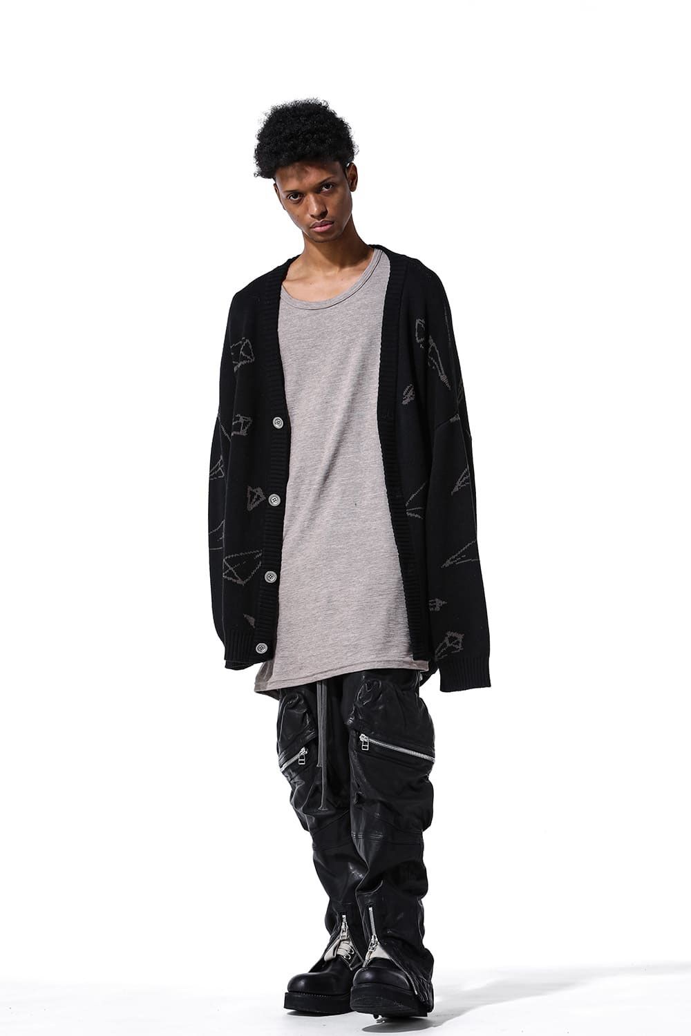 ピラミッド模様オーバーサイズカーディガン / Pyra Pattern Knit Cardigan / ブラック×アイボリー / ag-8010-2