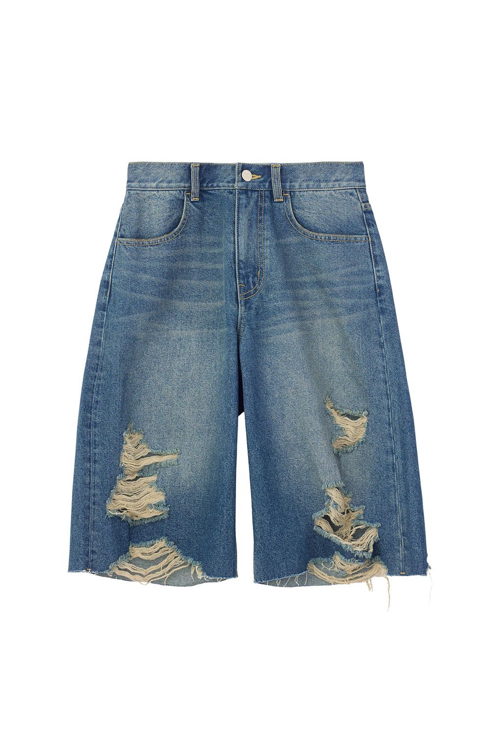 ［ラスト1点 サイズM］EMBLEM POCKET DISTRESSED DENIM SHORTS / ライトインディゴ