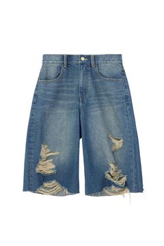 ［ラスト1点 サイズM］EMBLEM POCKET DISTRESSED DENIM SHORTS / ライトインディゴ