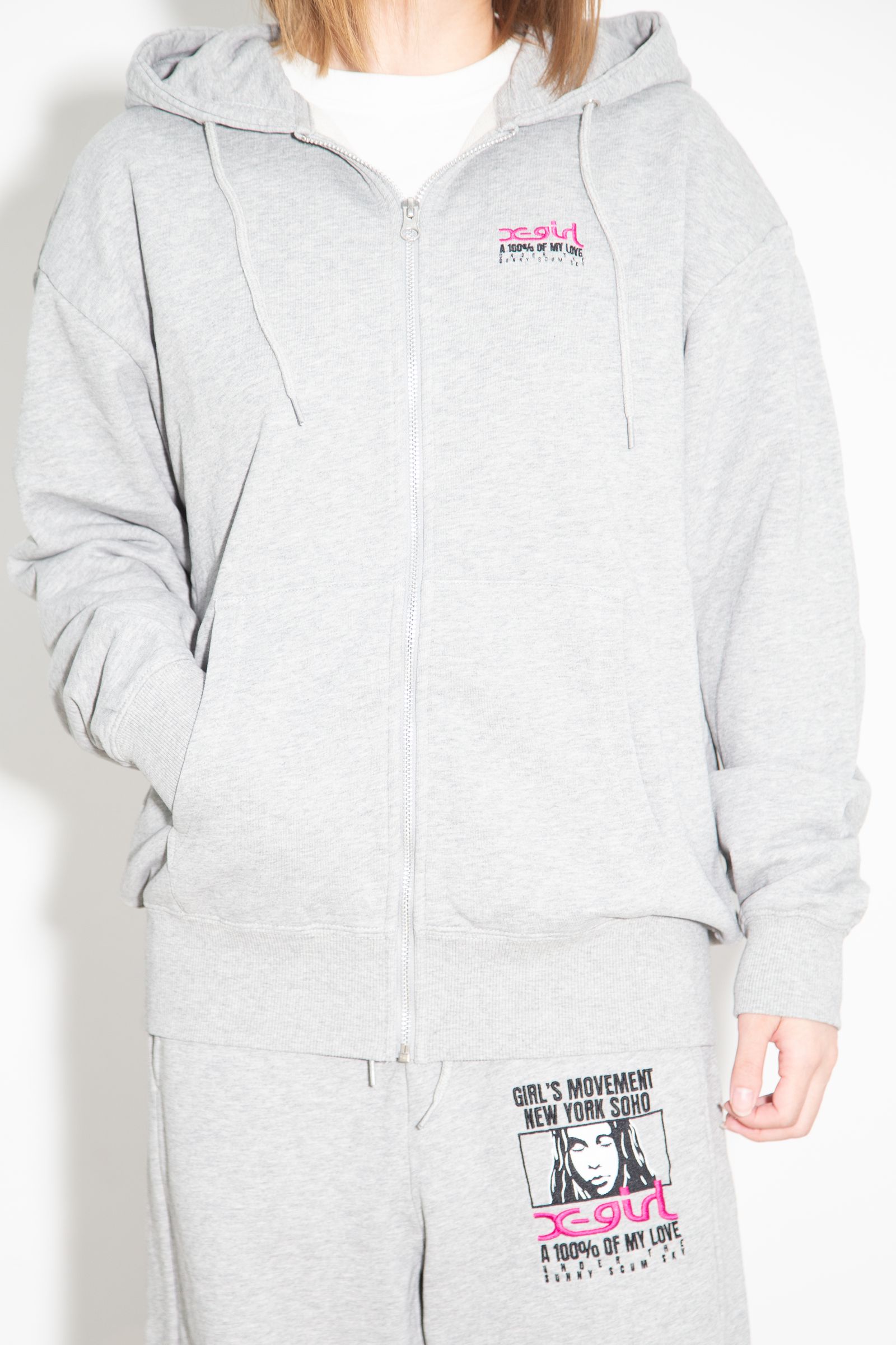 FACE BOX AND MESSAGE ZIP UP SWEAT HOODIE / アッシュ