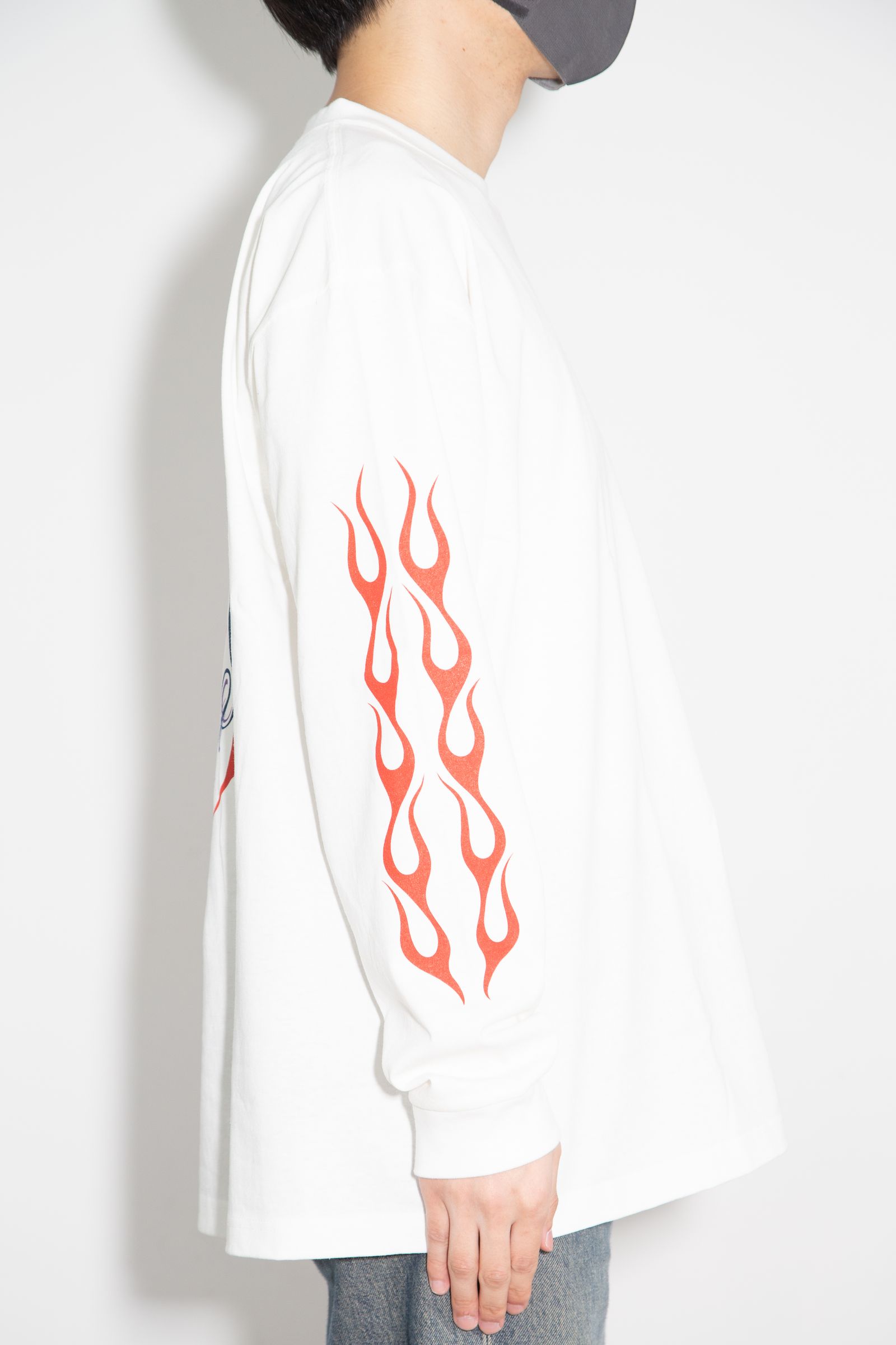 VINTAGE TYPE FLAME LOGO PINSTRIPING L/ S TEE ＜NATURALLY PAINT DESIGN＞ / ホワイト