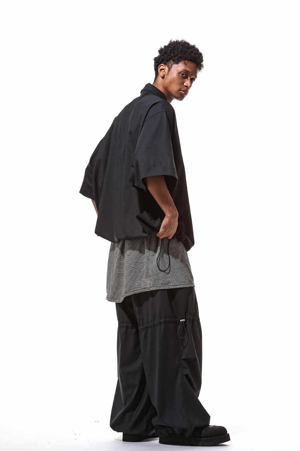 サマーウールハーフスリーブシャツ / Summer Wool Front Zip Harf Sleeve Shirts / ブラック / ag-9060-2