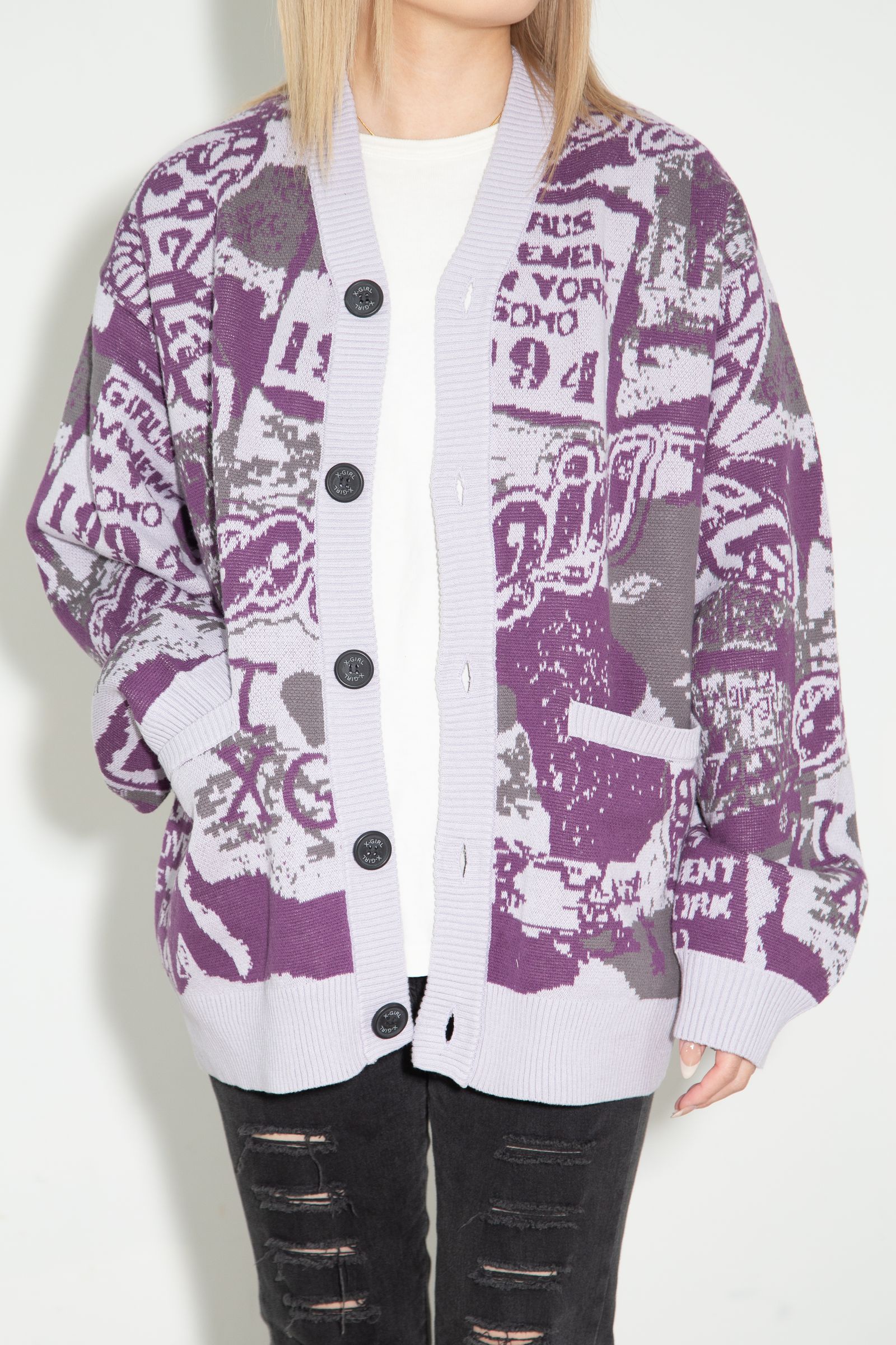 COLLAGE GRAPHIC JACQUARD KNIT CARDIGAN / パープル