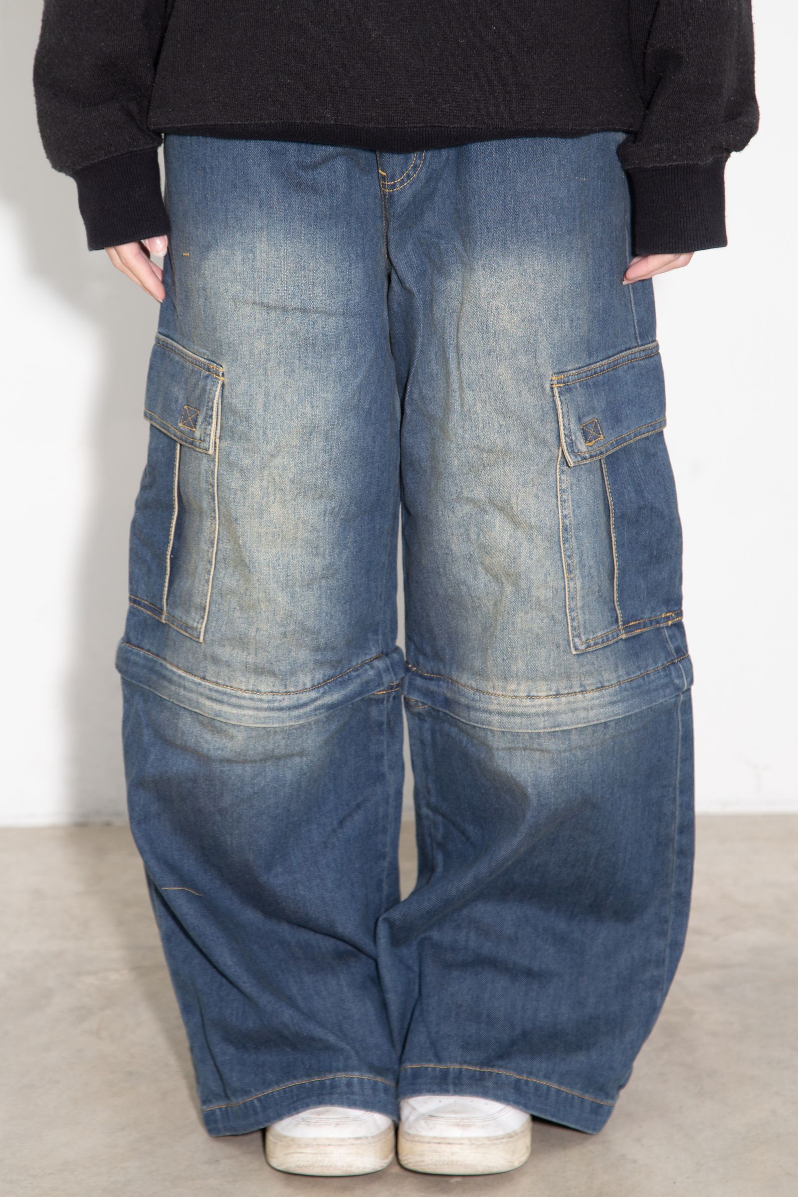 FADED 2WAY WIDE LEG DENIM CARGO PANTS / インディゴ