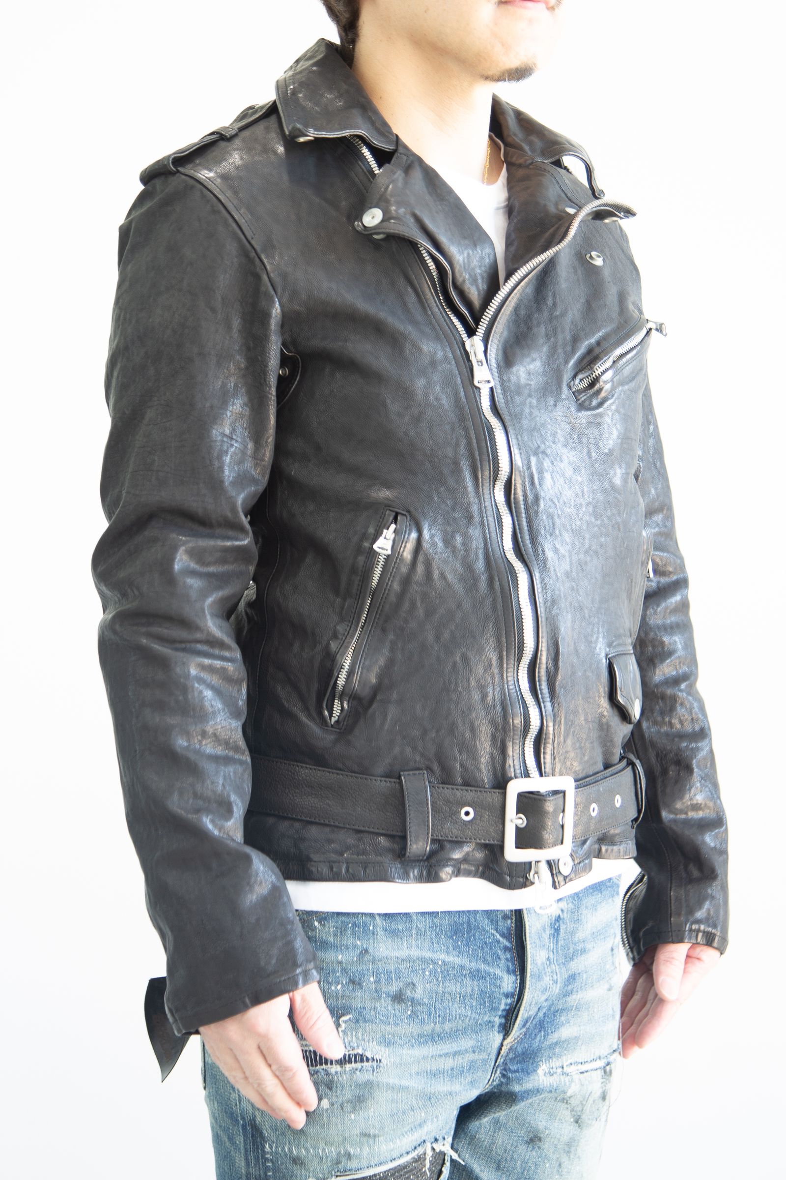 JAPAN CALF NATURAL DYED “GARMENT-WASH” DOUBLE RIDERS / ブラック