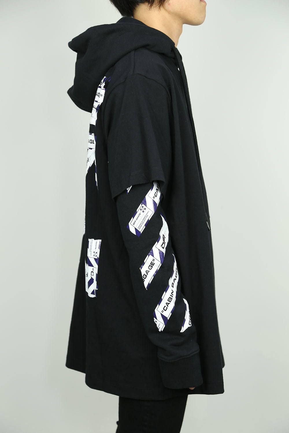 OFF-WHITE - AIRPORT TAPE DOUBLE TEE HOODIE / ブラック | Tempt