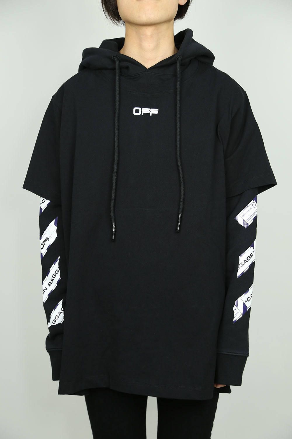 OFF-WHITE - AIRPORT TAPE DOUBLE TEE HOODIE / ブラック | Tempt