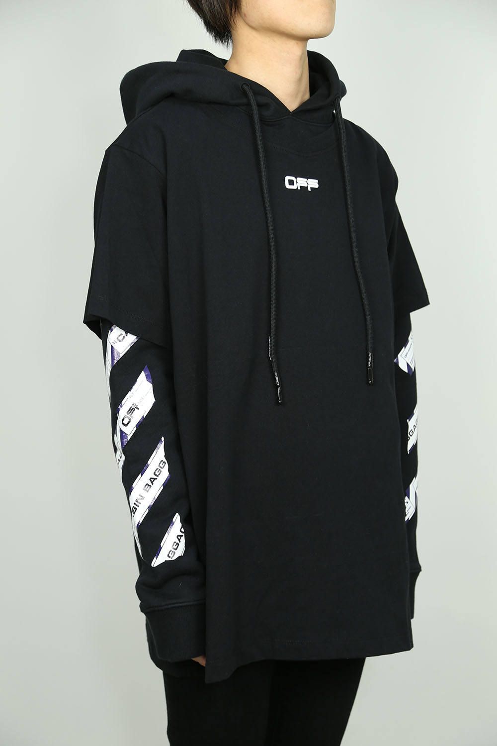 OFF-WHITE - AIRPORT TAPE DOUBLE TEE HOODIE / ブラック | Tempt