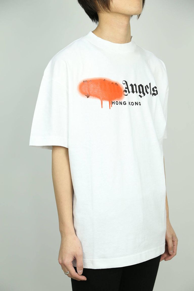 Palm Angels White Sprayed Hong Kong T-shirt In Cotton With Brand Logo Print  With Orange Splatter for Men