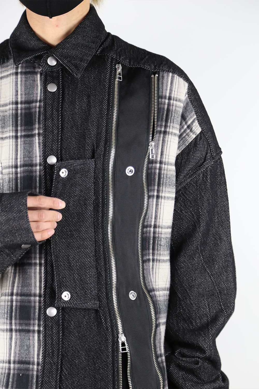 フロントジップアシンメトリーチェックコンビコクーンシャツ / FRONT ZIP ASYMMETRY CHECK COMBI COCOON  SHIRTS / ブラックチェック