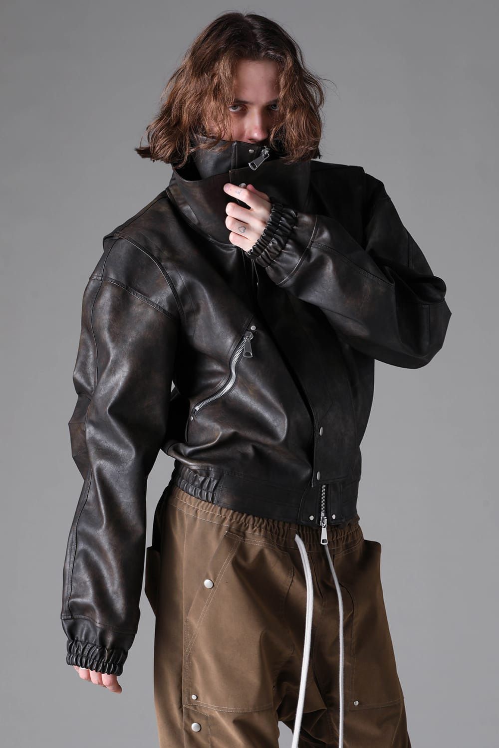 Vegan Leather High Neck Blouson