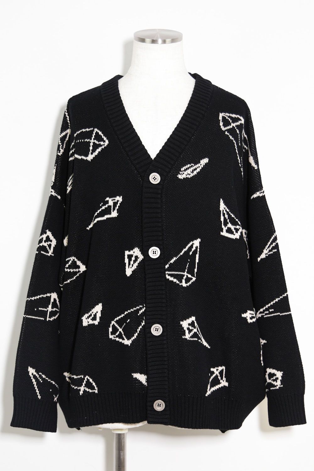 ピラミッド模様オーバーサイズカーディガン / Pyra Pattern Knit Cardigan / ブラック×アイボリー / ag-8010-2