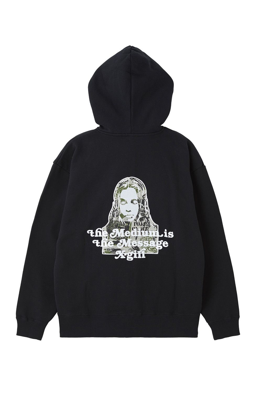 BRUSHED COLLAGE GRAPHIC FACE PATCH ZIP UP SWEAT HOODIE / ブラック