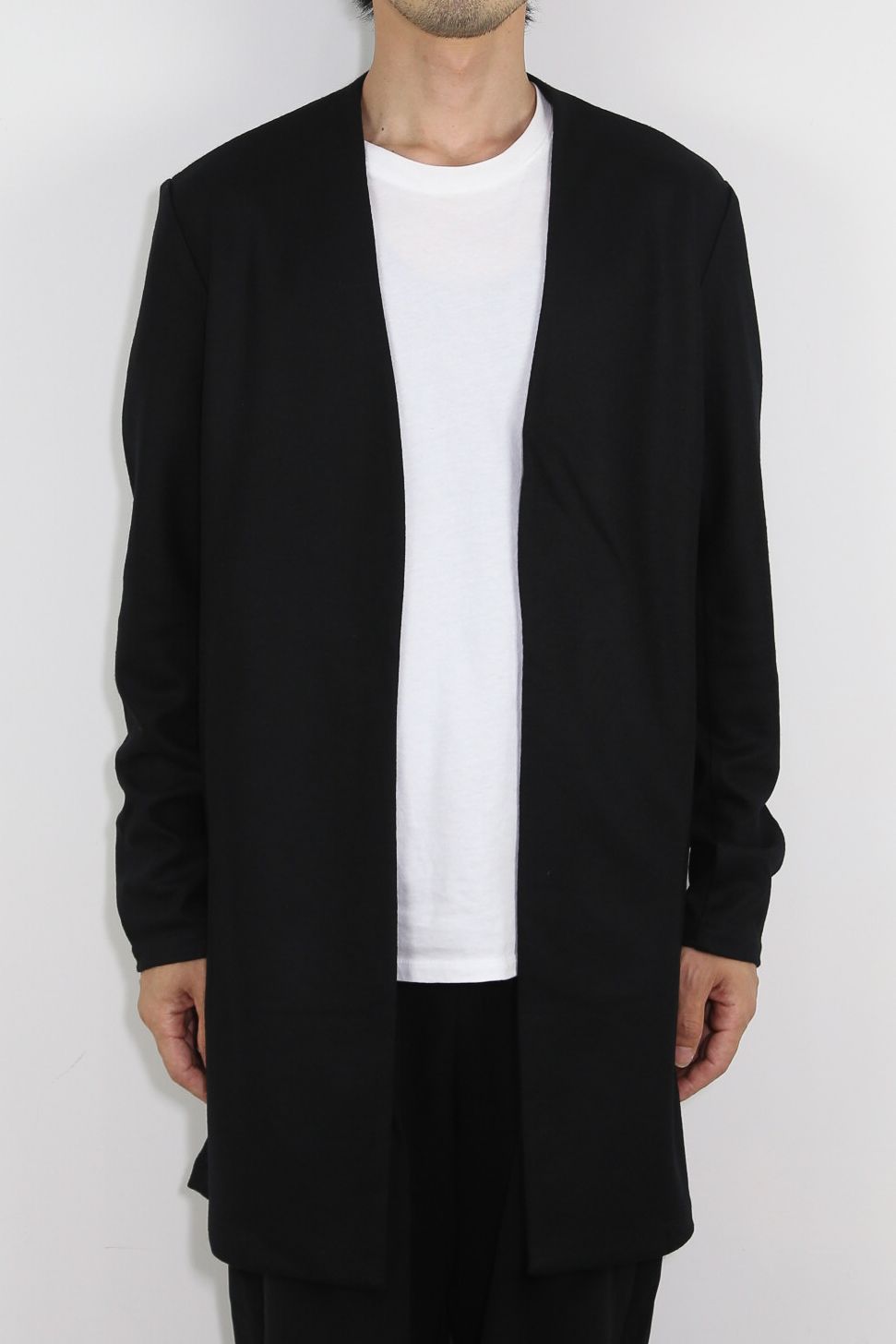 WO SMOOTH COLLARLESS LONG CARDIGAN / ブラック