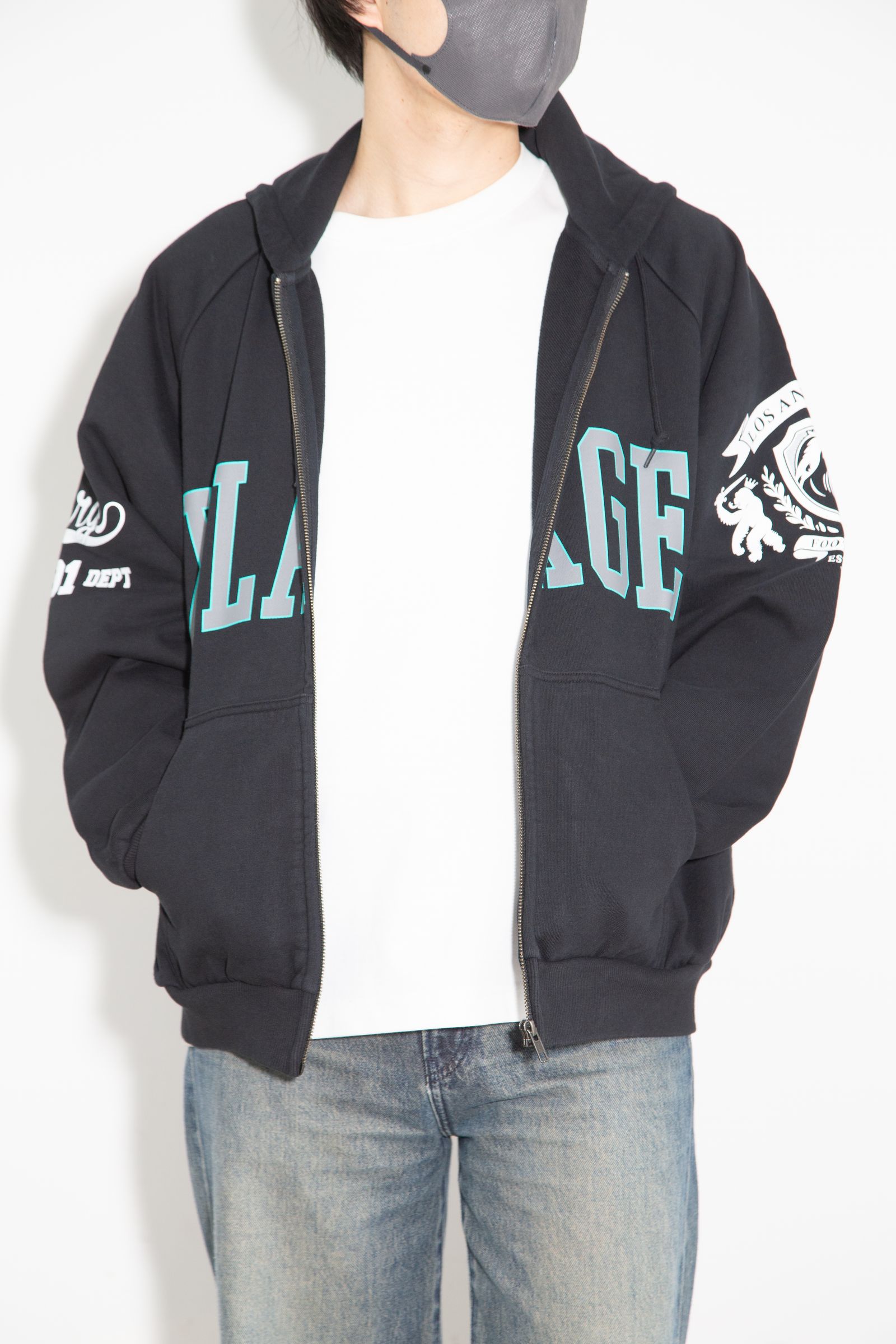 RAGLAN ZIP UP HOODED SWEATSHIRT / ブラック