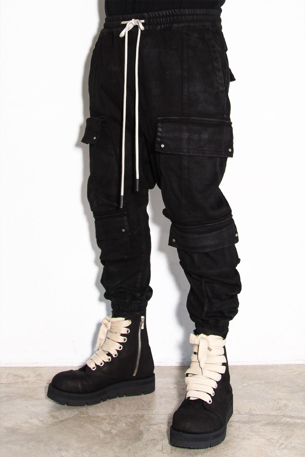 [ラスト1点 サイズ3] 【コーティングあり】サルエルカーゴジョガーパンツ / COATED SAROUEL CARGO JOGGER DENIM / ブラック / ag-12042-1