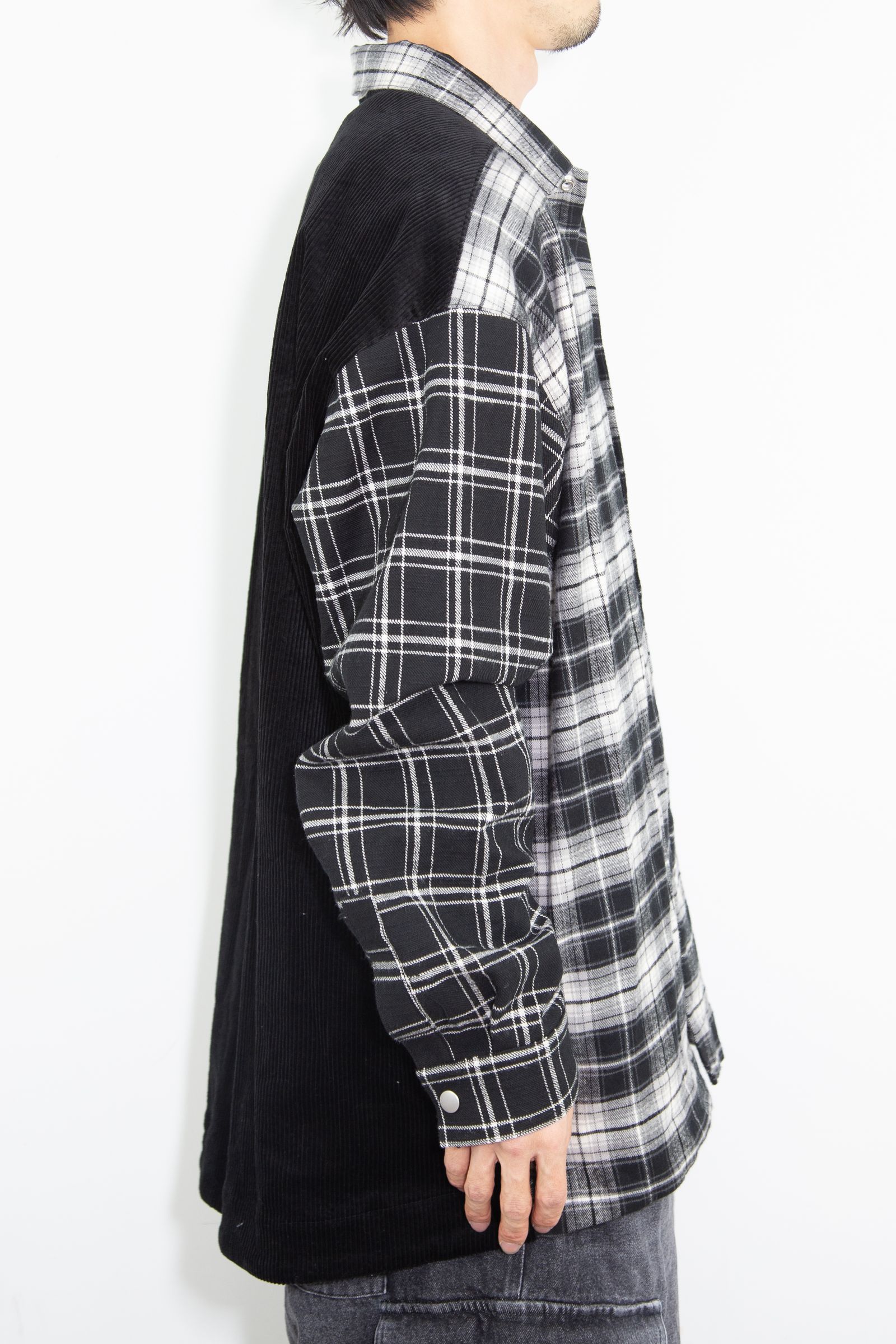 コーデュロイチェックコンビシャツ / Corduroy × Check Combi Shirts / ブラック / ag-8075